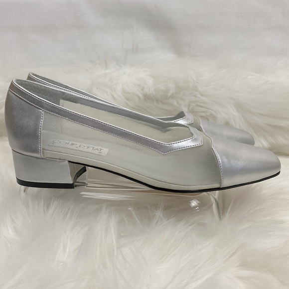 Coup D’Etat Vintage Heels Silver metallic sheer net block heel Women’s 9 - Picture 2 of 10